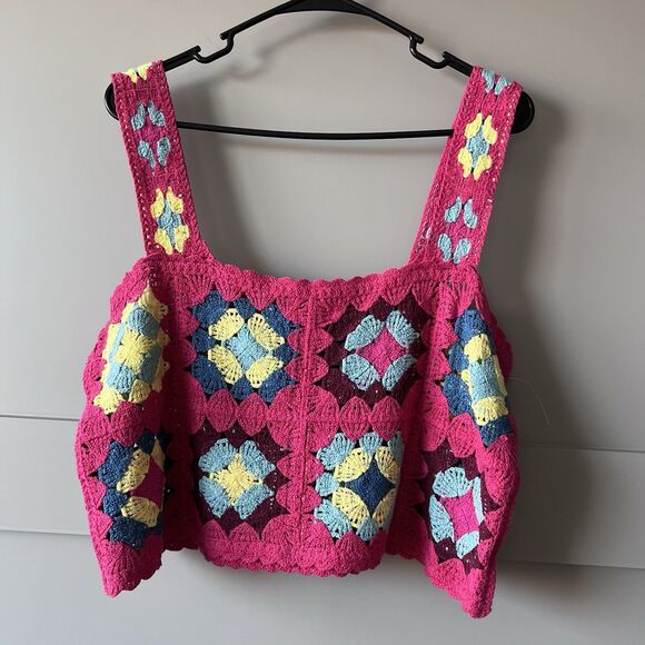Witty Fox Floral Crochet Crop Tank Top Womens XL Pink Festival Geometric Boho - Picture 1 of 9